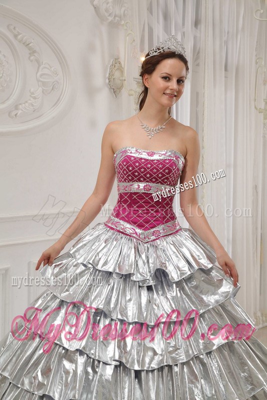 A-line Strapless Silver and Fuchsia Appliqued and Beaded Quince Dress