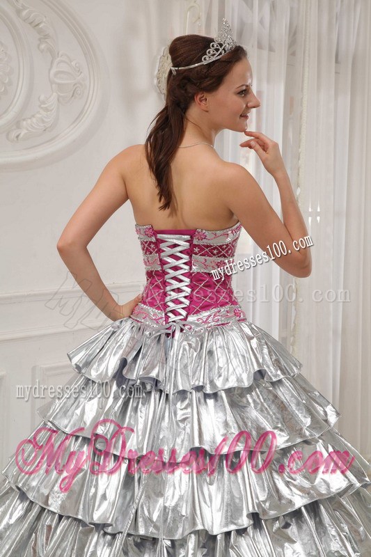 A-line Strapless Silver and Fuchsia Appliqued and Beaded Quince Dress