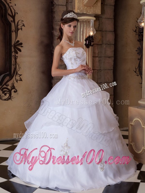 Ball Gown Strapless Floor-length Appliqued White Quinceanera Dress
