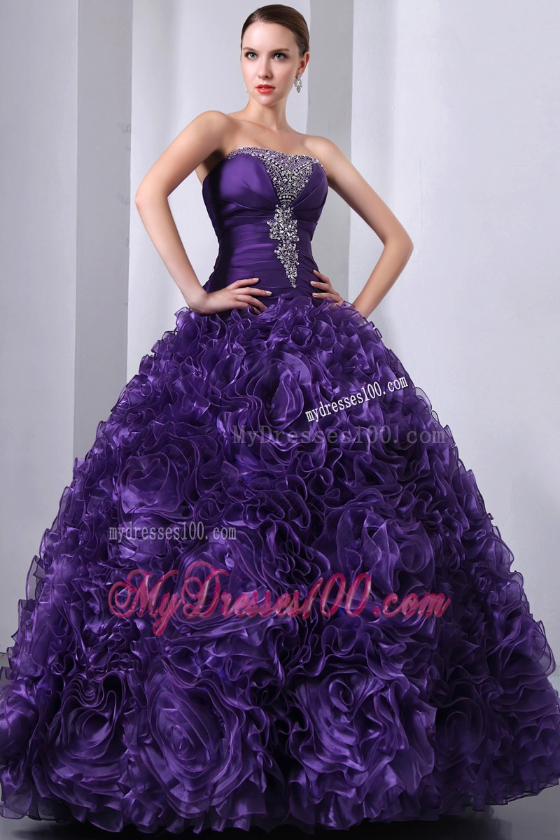 Purple A-Line Strapless Beading and Hand Flowers Quinceanera Dress