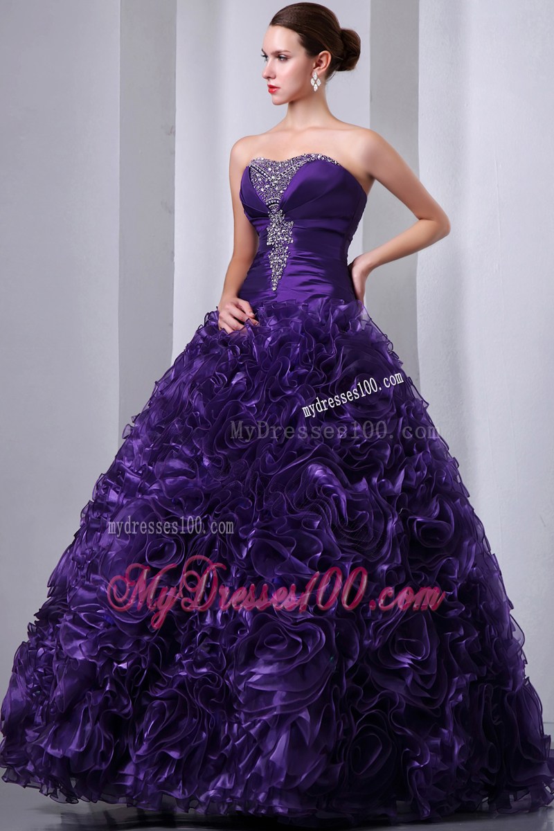 Purple A-Line Strapless Beading and Hand Flowers Quinceanera Dress