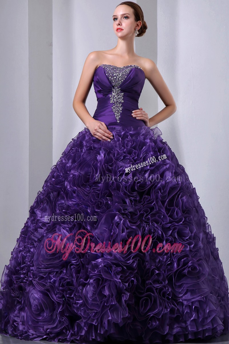 Purple A-Line Strapless Beading and Hand Flowers Quinceanera Dress