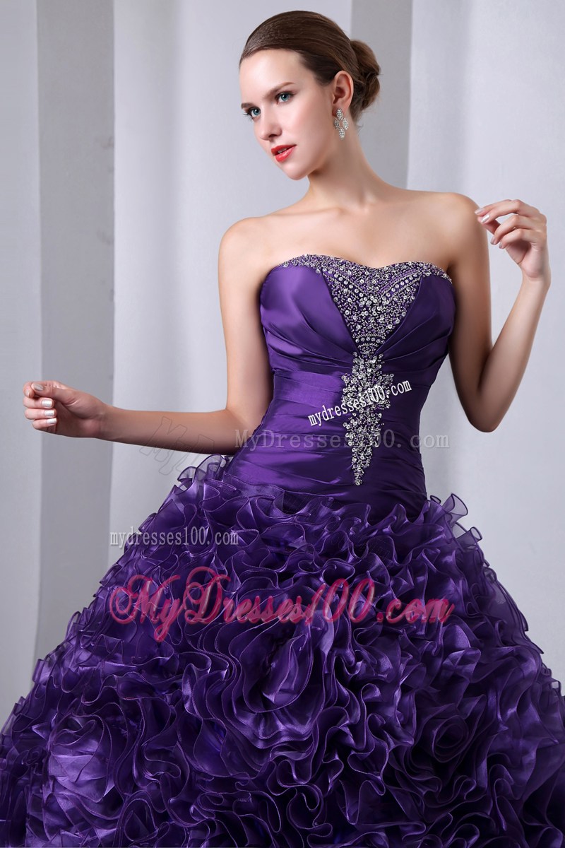 Purple A-Line Strapless Beading and Hand Flowers Quinceanera Dress