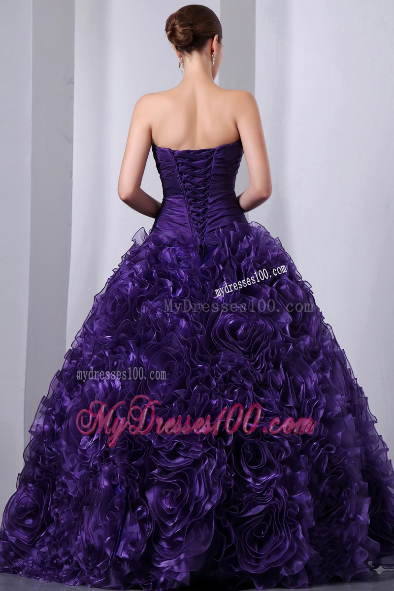 Purple A-Line Strapless Beading and Hand Flowers Quinceanera Dress