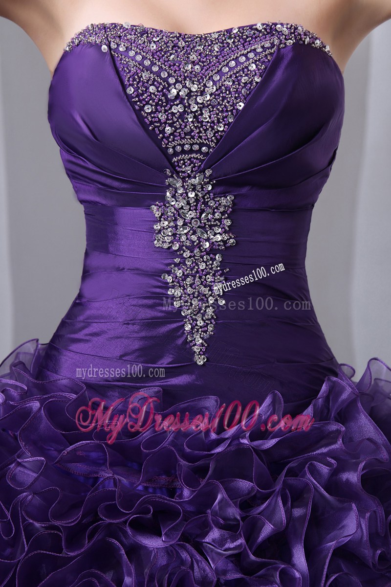 Purple A-Line Strapless Beading and Hand Flowers Quinceanera Dress