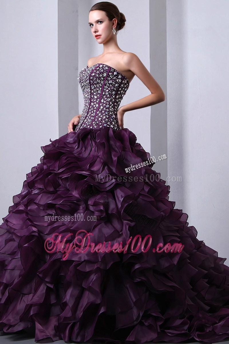 Sweetheart Brush Train Purple A-Line Quinceanera Dress Beading Layers