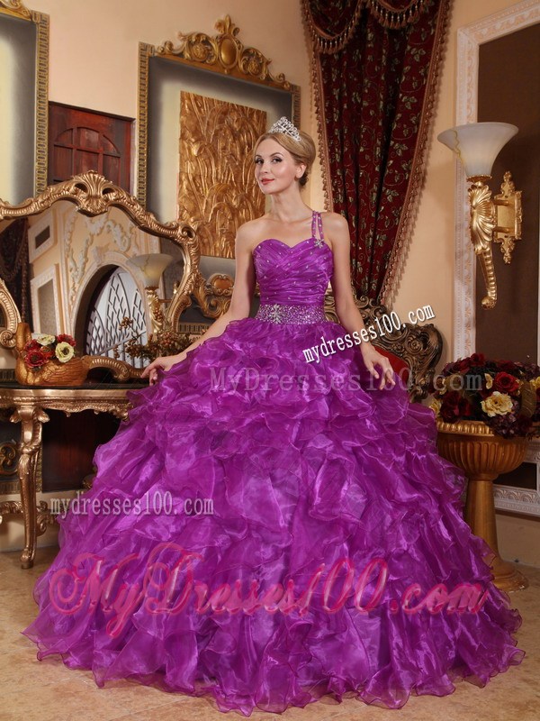 One Shoulder Purple Ball Gown Organza Beading Ruffles Quinceanera Dress