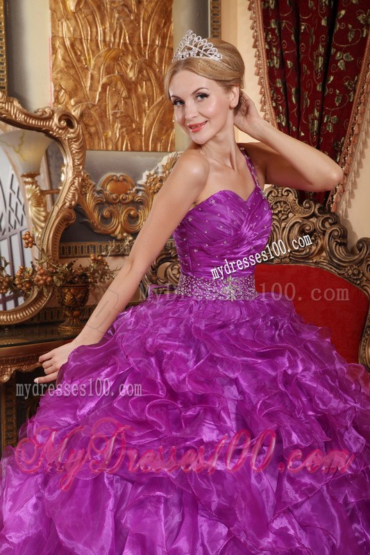 One Shoulder Purple Ball Gown Organza Beading Ruffles Quinceanera Dress