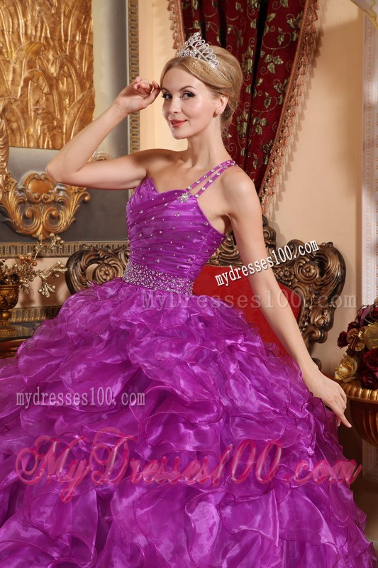 One Shoulder Purple Ball Gown Organza Beading Ruffles Quinceanera Dress