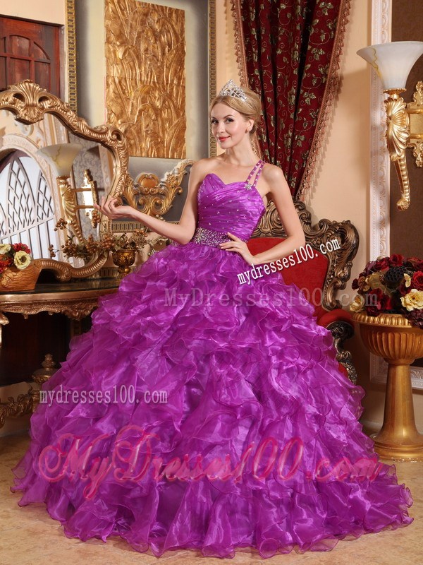 One Shoulder Purple Ball Gown Organza Beading Ruffles Quinceanera Dress