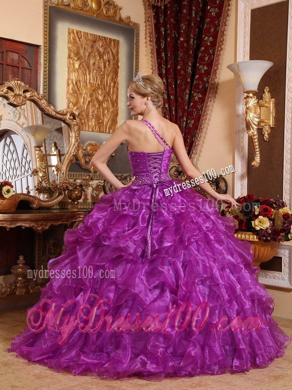 One Shoulder Purple Ball Gown Organza Beading Ruffles Quinceanera Dress