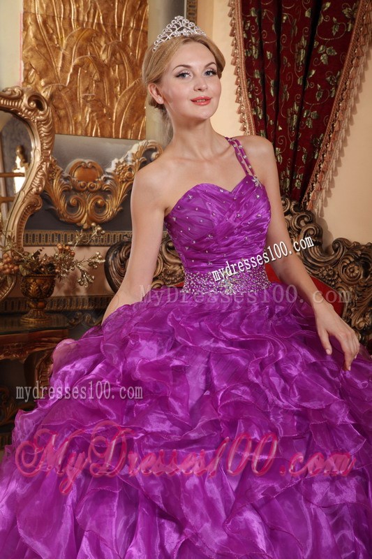 One Shoulder Purple Ball Gown Organza Beading Ruffles Quinceanera Dress