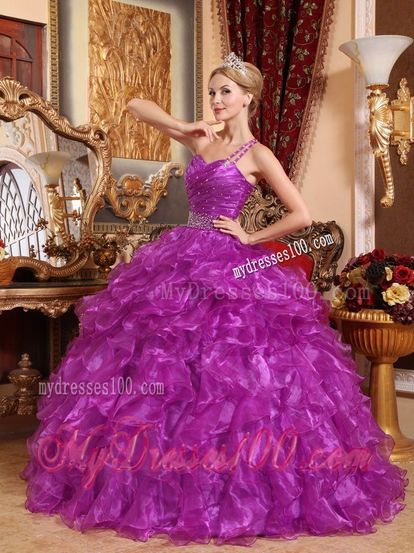 One Shoulder Purple Ball Gown Organza Beading Ruffles Quinceanera Dress