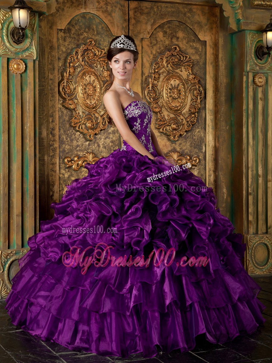Purple Ball Gown Strapless Appliques and Ruffles Quinceanera Dress