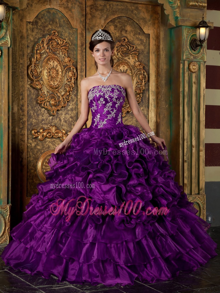 Purple Ball Gown Strapless Appliques and Ruffles Quinceanera Dress