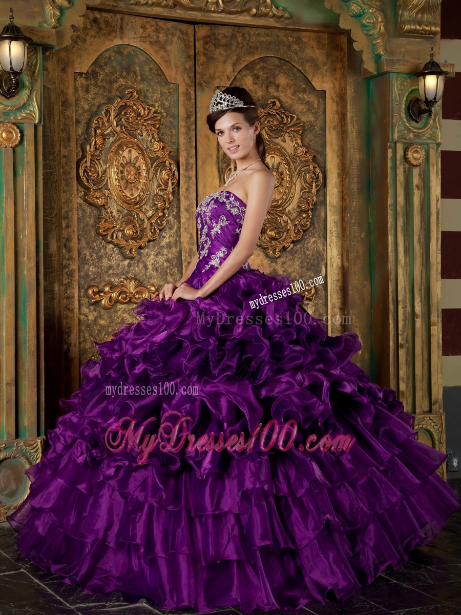 Purple Ball Gown Strapless Appliques and Ruffles Quinceanera Dress