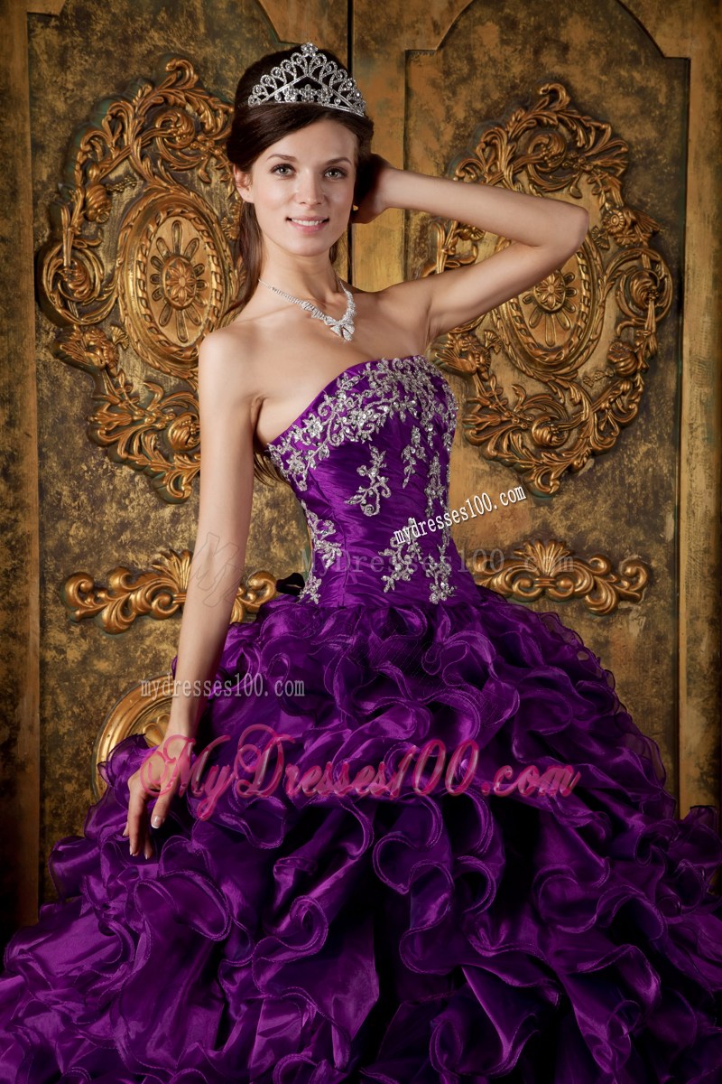 Purple Ball Gown Strapless Appliques and Ruffles Quinceanera Dress