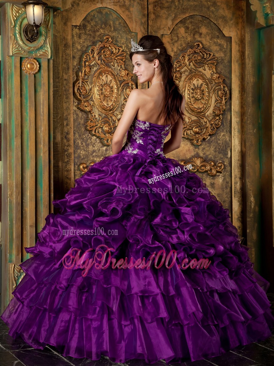 Purple Ball Gown Strapless Appliques and Ruffles Quinceanera Dress