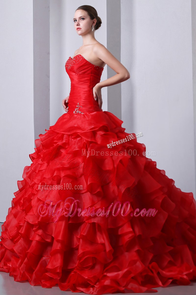 Red A-Line Sweetheart Quince Dress Brush Train Beading and Ruffles