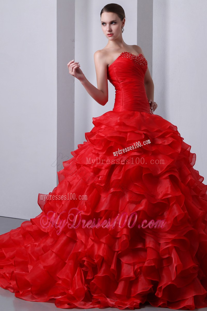 Red A-Line Sweetheart Quince Dress Brush Train Beading and Ruffles