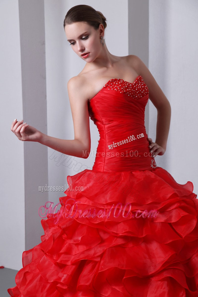 Red A-Line Sweetheart Quince Dress Brush Train Beading and Ruffles