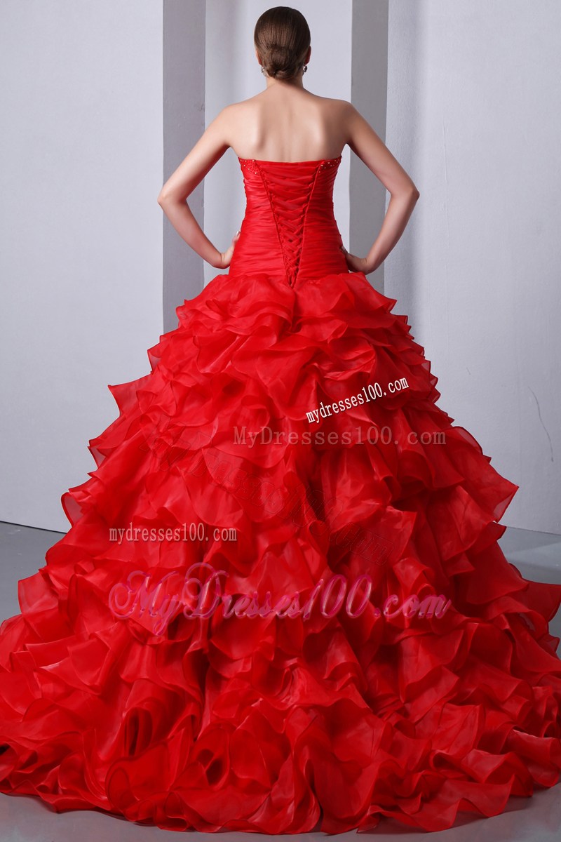 Red A-Line Sweetheart Quince Dress Brush Train Beading and Ruffles