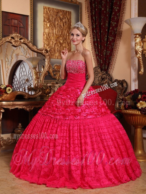 Red A-line Strapless Beaded Quinceanera Dress Fabric With Roling Flowers