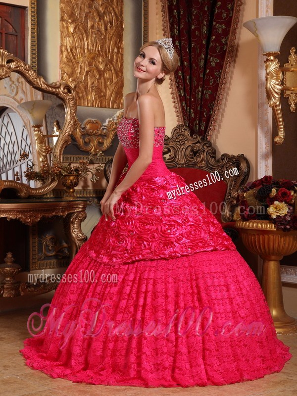 Red A-line Strapless Beaded Quinceanera Dress Fabric With Roling Flowers