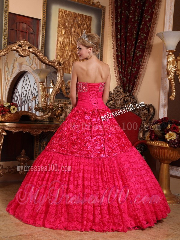 Red A-line Strapless Beaded Quinceanera Dress Fabric With Roling Flowers