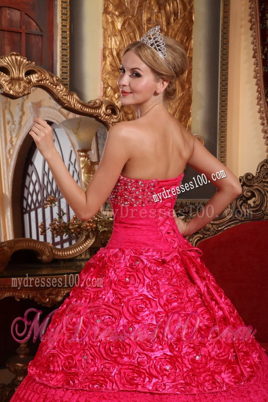 Red A-line Strapless Beaded Quinceanera Dress Fabric With Roling Flowers