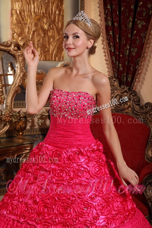 Red A-line Strapless Beaded Quinceanera Dress Fabric With Roling Flowers