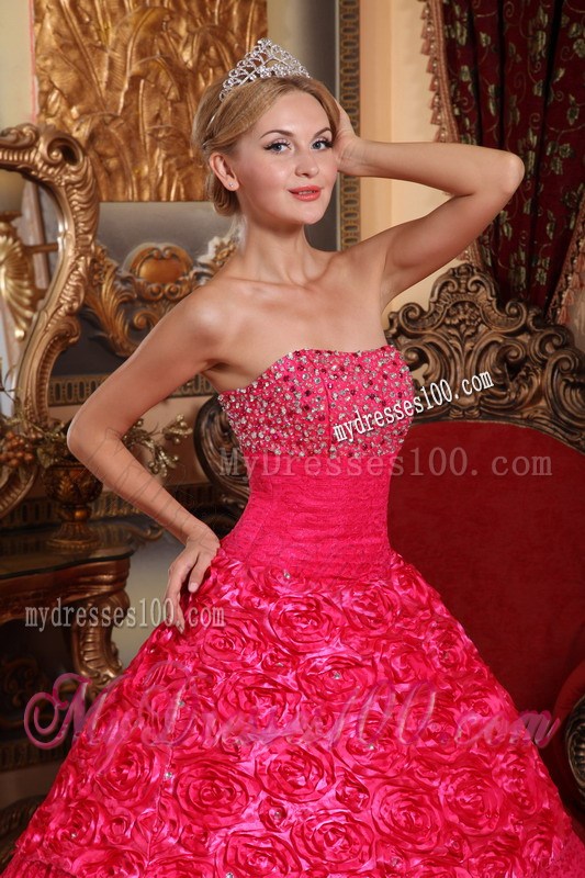 Red A-line Strapless Beaded Quinceanera Dress Fabric With Roling Flowers