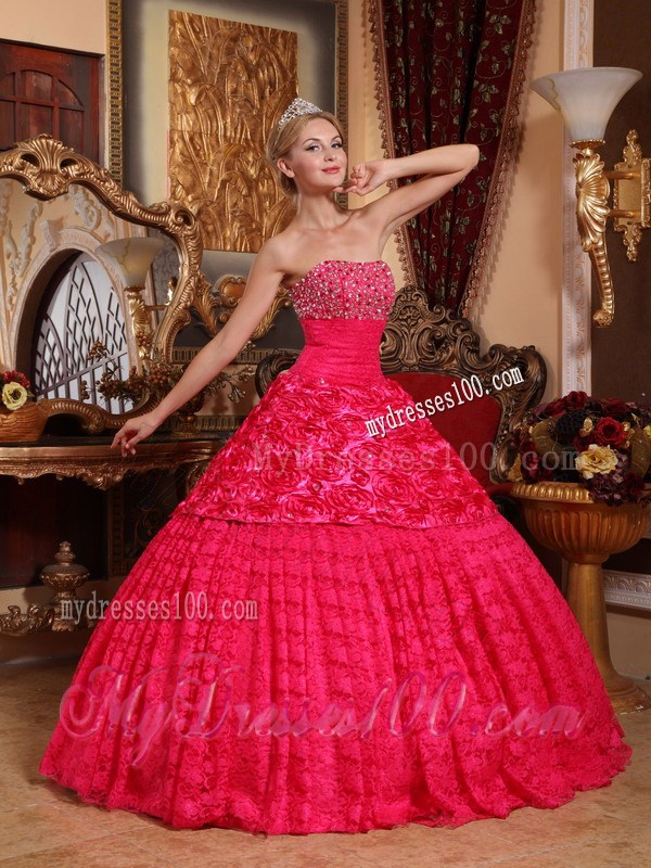 Red A-line Strapless Beaded Quinceanera Dress Fabric With Roling Flowers