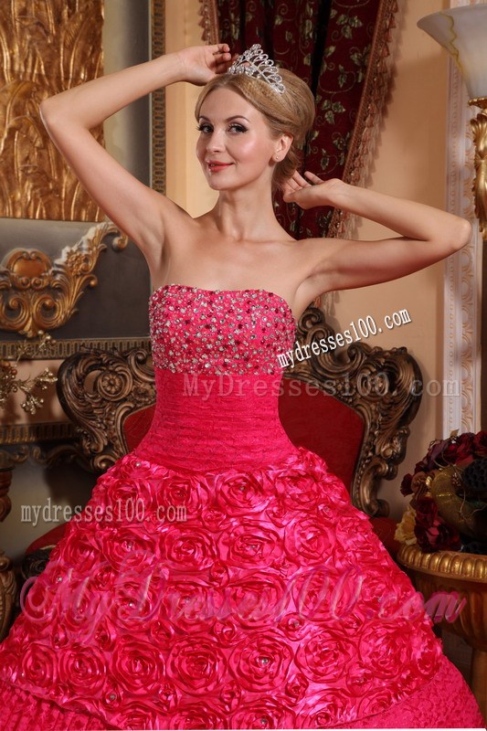 Red A-line Strapless Beaded Quinceanera Dress Fabric With Roling Flowers