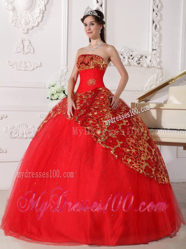 Red Ball Gown Strapless Beading and Embroidery Quinceanera Dress