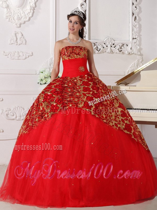Red Ball Gown Strapless Beading and Embroidery Quinceanera Dress