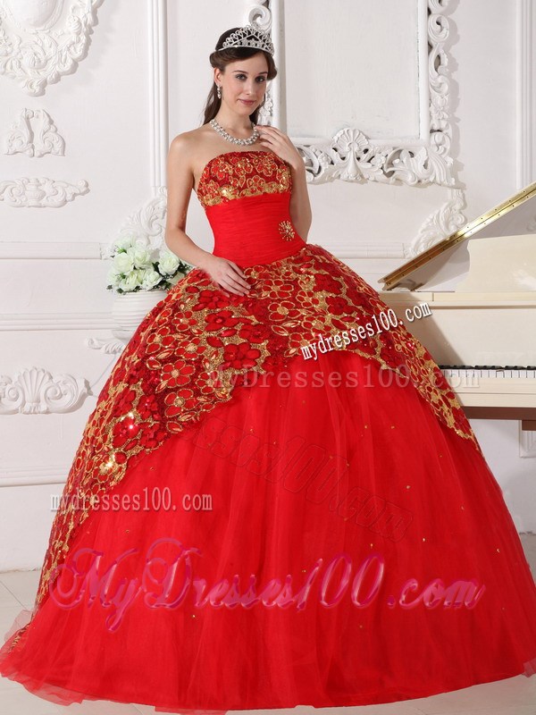 Red Ball Gown Strapless Beading and Embroidery Quinceanera Dress