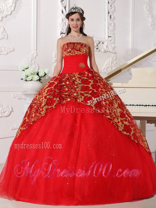 Red Ball Gown Strapless Beading and Embroidery Quinceanera Dress
