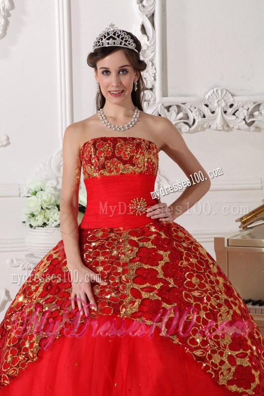 Red Ball Gown Strapless Beading and Embroidery Quinceanera Dress