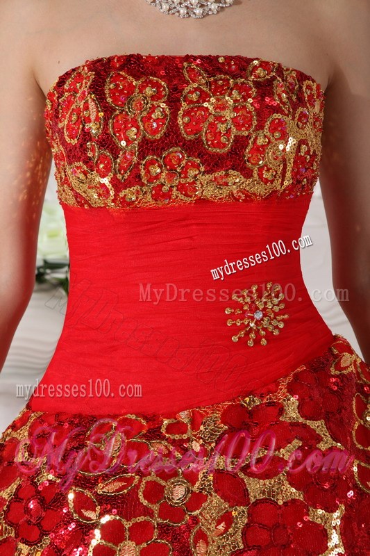 Red Ball Gown Strapless Beading and Embroidery Quinceanera Dress