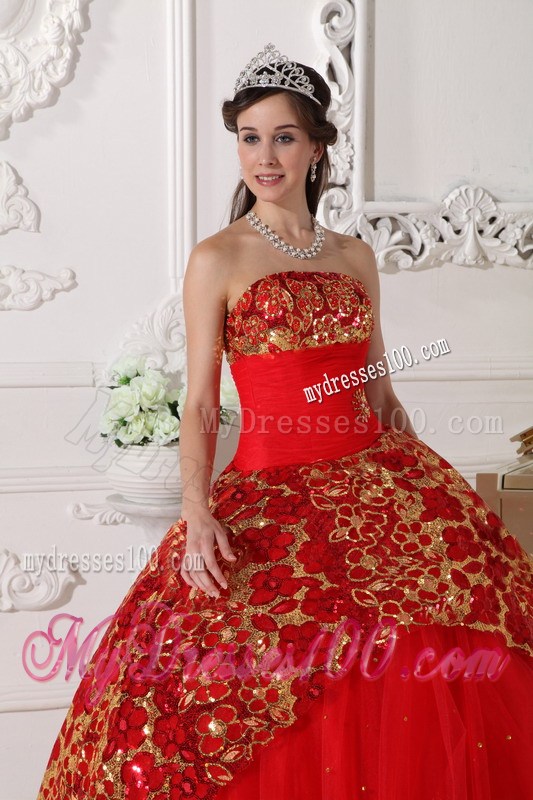 Red Ball Gown Strapless Beading and Embroidery Quinceanera Dress