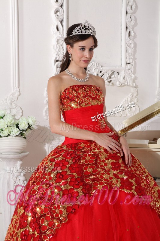 Red Ball Gown Strapless Beading and Embroidery Quinceanera Dress