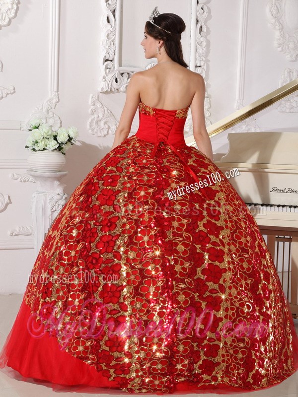 Red Ball Gown Strapless Beading and Embroidery Quinceanera Dress