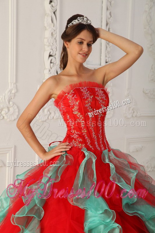 Red and Green Strapless Quinceanera Dress with Appliques and Beading