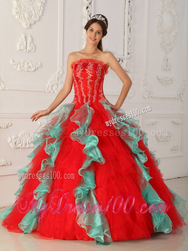 Red and Green Strapless Quinceanera Dress with Appliques and Beading