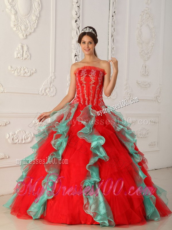 Red and Green Strapless Quinceanera Dress with Appliques and Beading