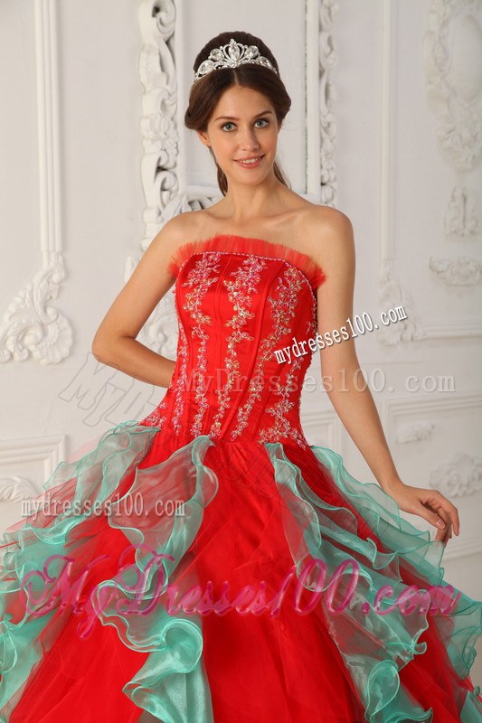 Red and Green Strapless Quinceanera Dress with Appliques and Beading
