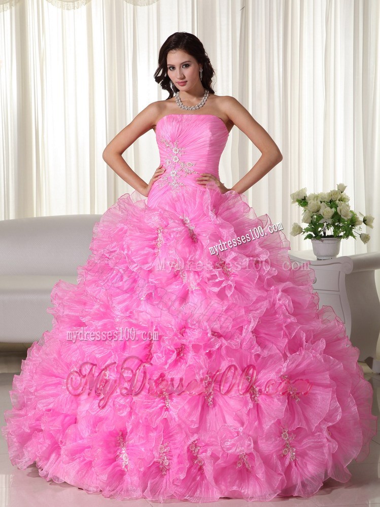Rose Pink Ball Gown Strapless Floor-length Organza Appliques Qui