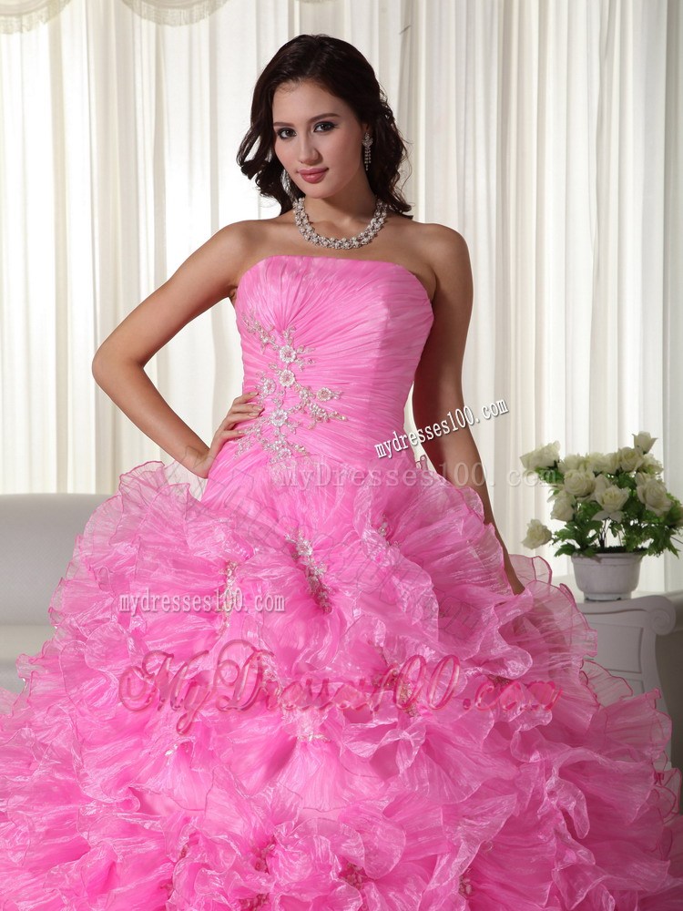 Rose Pink Strapless Ruffled Appliques and Beading Quinceanera Dress