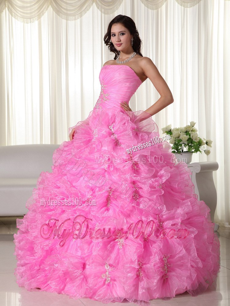 Rose Pink Strapless Ruffled Appliques and Beading Quinceanera Dress